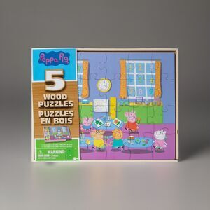 🔥Peppa Pig 5 Wood Spin Master Puzzles in Wooden Storage Box BNWT💥